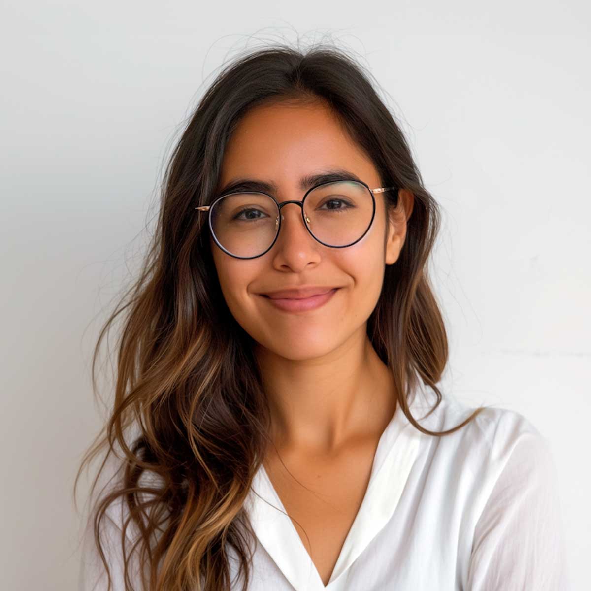 Junge Frau mit Brille und lockigem, braunem Haar in einem weißen Hemd vor einem neutralen Hintergrund.