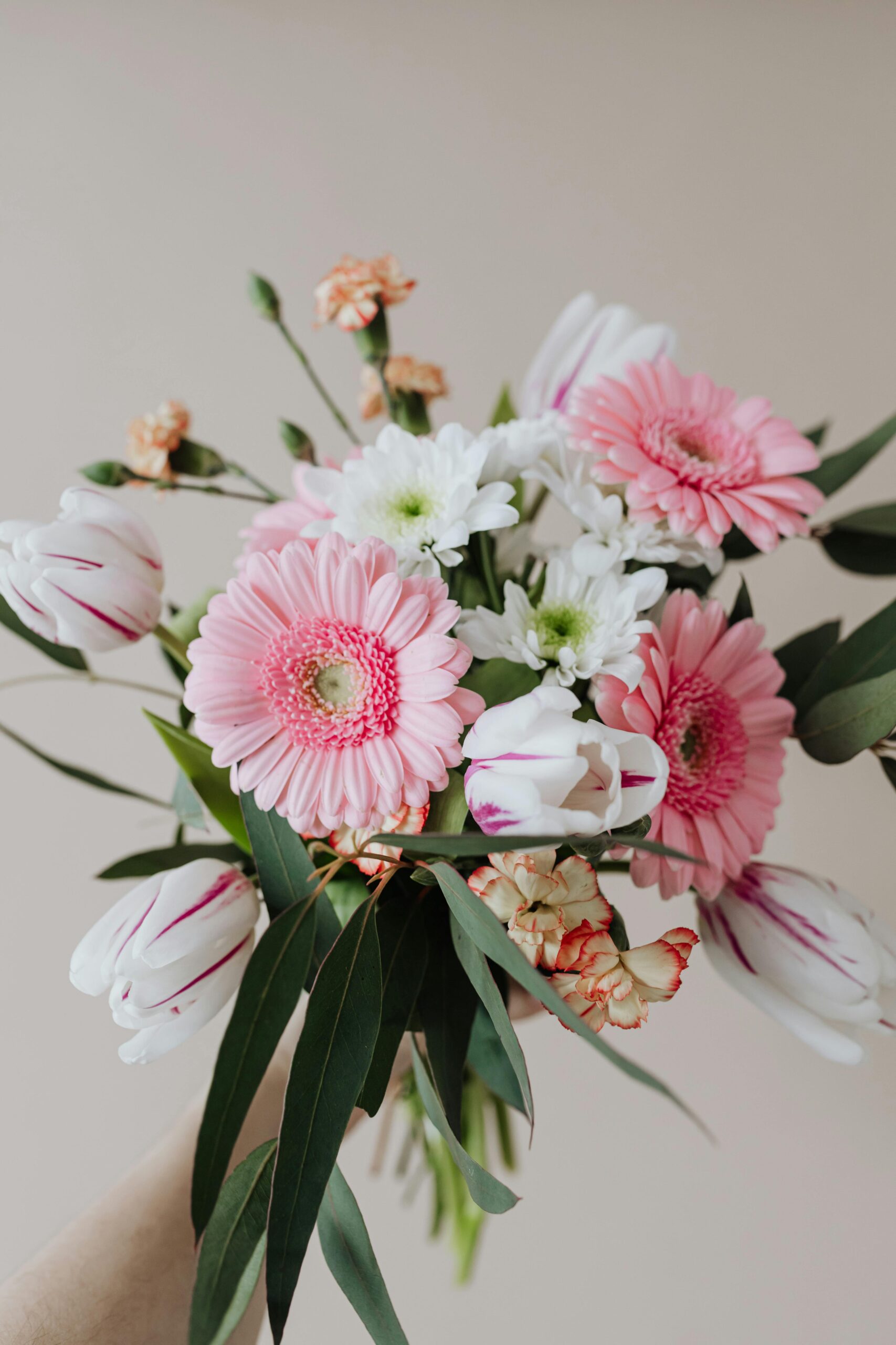 Ein bunter Blumenstrauß mit pinken und weißen Gerbera, Tulpen und weiteren Blumen, gehalten von einer Hand vor einem hellen Hintergrund.
